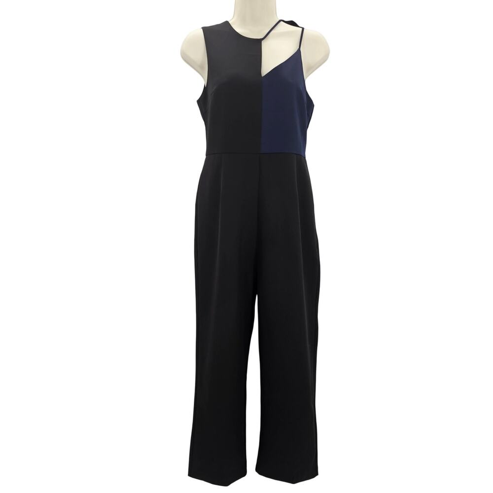 Pomelo Womans size S Asymmetric Neck Two Tone Midi Cropped Jumpsuit Black/Blue
